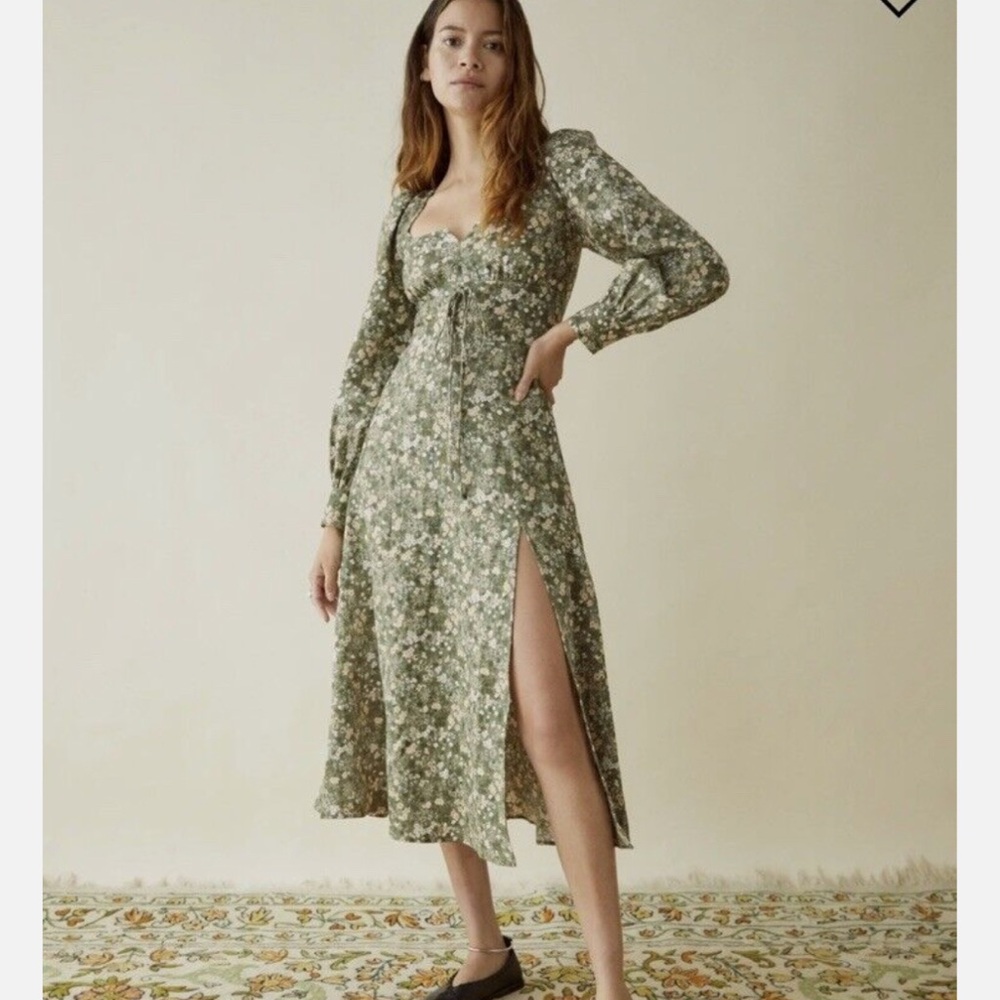 Reformation Green linen floral dress